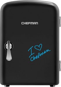 Chefman Outdoor Mini Portable Eraser Board Personal Fridge, Cools & Heats 4 Liter Capacity, Chills 6 12oz Cans, 100% Freon-Free & Eco Friendly, Includes Plugs For Home Outlet & 12V Car Charger, Black