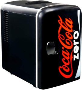 Coca-Cola Zero CZ04 4 Liter/4.2 Quarts 6 Can Portable Cooler/Mini-Fridge, Beverages, Baby Food, Skincare And Medications-Use at Home, Office, Dorm, Car, RV Or Boat-AC & DC Plugs Included, Black/Red