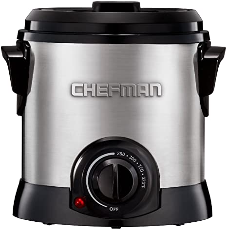 Chefman Fry Guy deep fryer is Best Deep Fryer For One Person with light indicator, thermostat, cool touch lid and side handle.