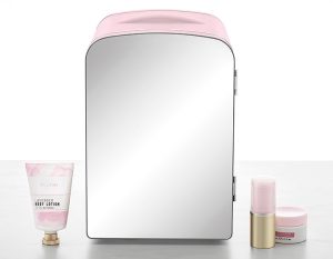 Chefman Portable Mirrored Personal Fridge 4 Liter Mini Refrigerator, Skin Care, Makeup Storage, Beauty, Serums And Face Masks, Small For Desktop Or Travel, Cool & Heat, Cosmetic Application, Pink