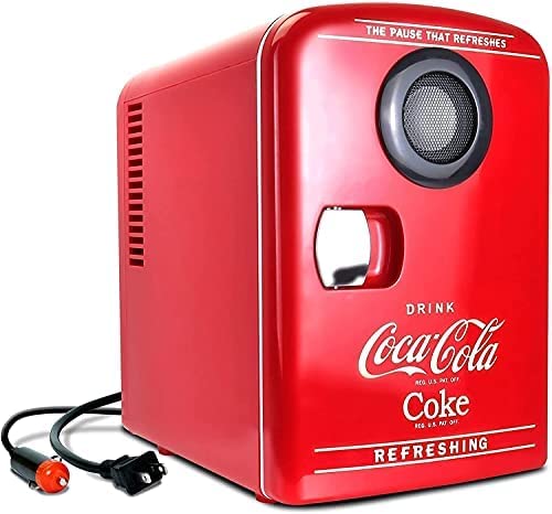 Coca-Cola Mini Portable Fridge With Bluetooth Speaker, 4 Liter/6 Can Capacity Compact Personal Cooler Warmer For Valentine Gifts, 12V DC/110V AC for Home, Dorm, Car, Skincare, Cosmetics, Medication
