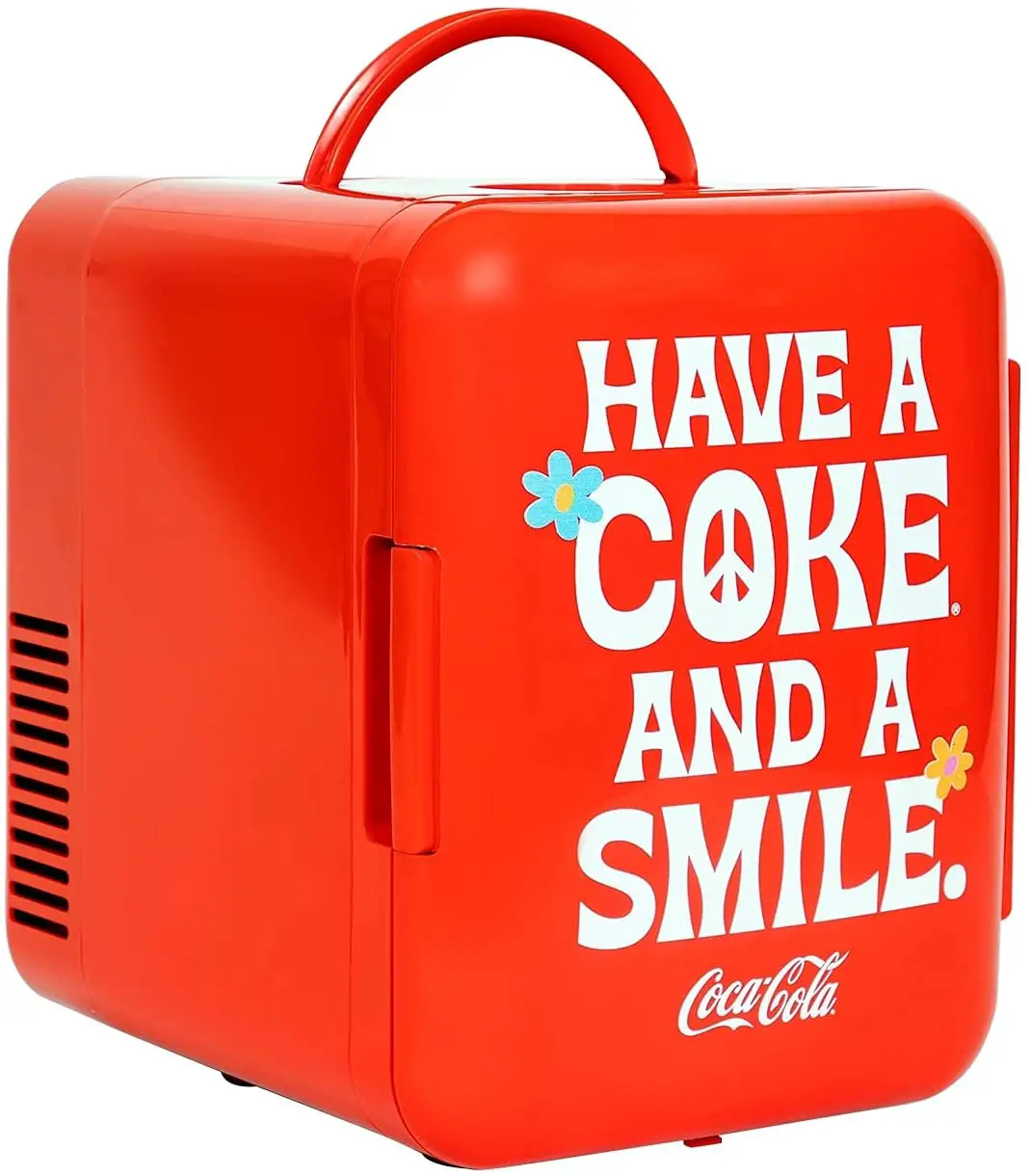 Coca Cola Smile 1971 Series Portable 6 Can Thermoelectric Mini-Fridge Cooler/Warmer, 4 L/4.2 Quarts Capacity, 12V DC/110V AC For Home, Dorm, Car, Boat, Beverages, Snacks, Skincare, Cosmetics, Medication