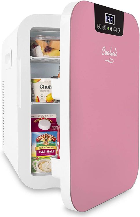 Cooluli 20L Mini Fridge For Bedroom - Car, Office Desk & College Dorm Room - Glass Front & Digital Temperature Control - Small 12v Refrigerator for Food, Drinks, Skincare, Beauty & Breast Milk (Pink)