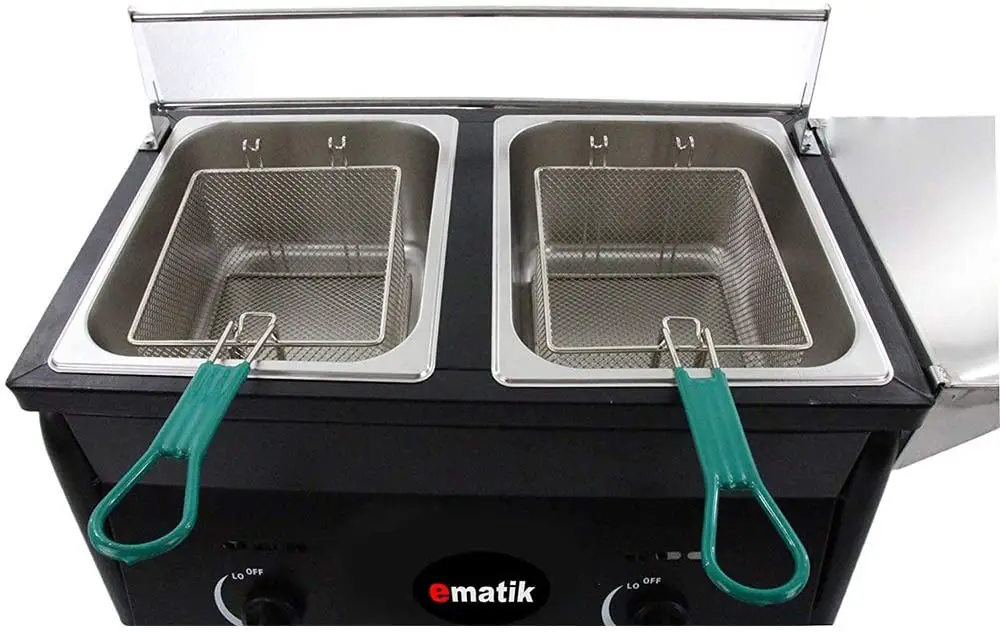Ematik Deep Fryer Dual Wire Basket is Best Deep Fryer For Commercial Use with 2 baskets and their holding rods, removable oil containers and thermostat.
