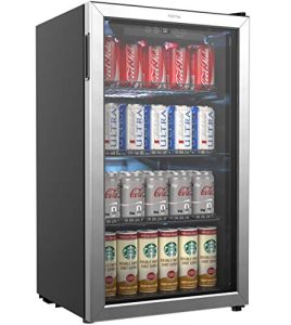 Ivation 101 Can Beverage Refrigerator | Freestanding Ultra-Cool Mini Drink Fridge | Beer, Cocktails, Soda, Juice Cooler For Home & Office | Reversible Glass Door & Adjustable Shelving, Stainless Steel