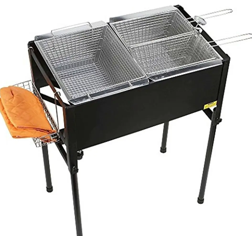 Kitchener Triple Basket Deep Fryer is Best Deep Fryers For Commercial Use with 2 small baskets, 1 large basket, gloves carrier and adjustable stand.