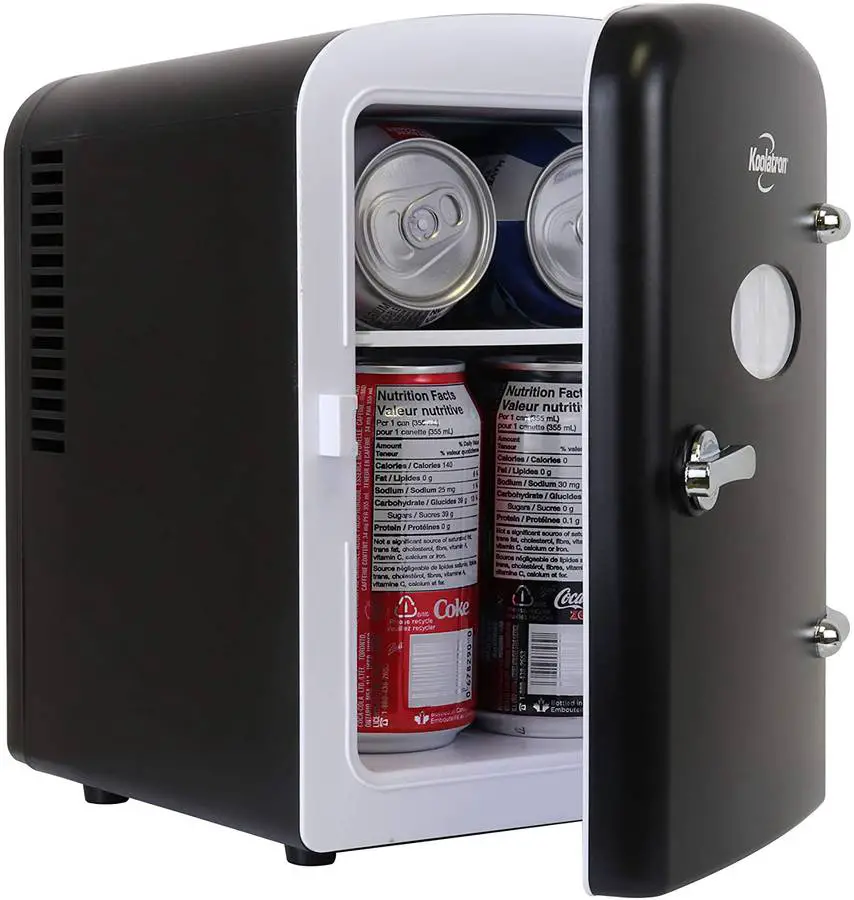 Koolatron KRT04-B Retro Personal Cooler 4 Liter/6 Can AC/DC Portable Mini Fridge, Thermoelectric Cooler In Black - For Cars, Homes, Offices, Bedroom, And Dorms