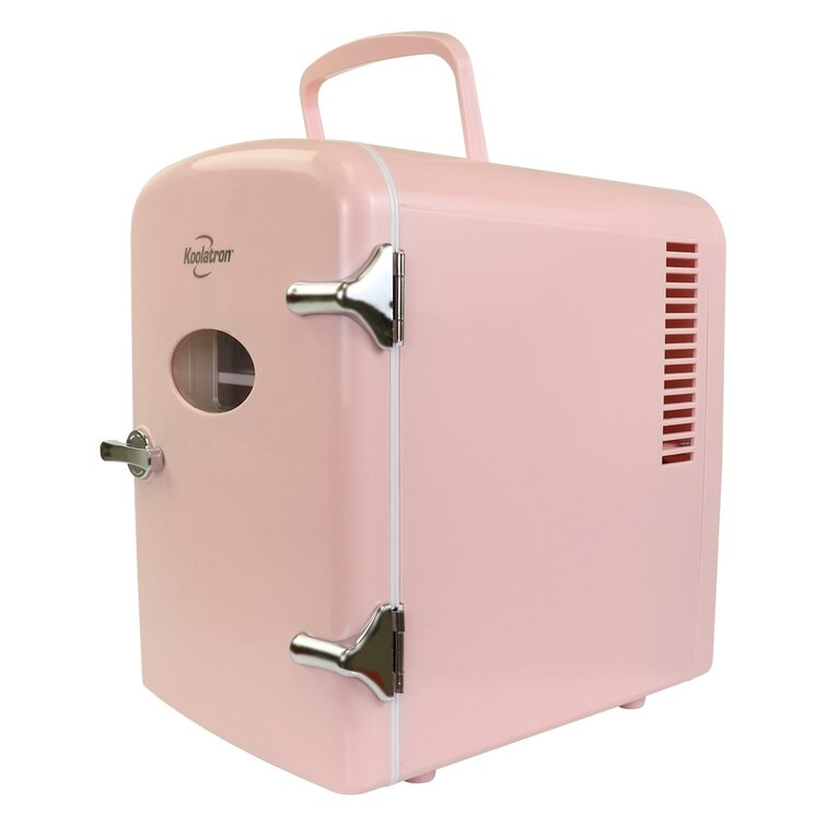 Koolatron KRT04-P Retro Personal Cooler 4 Liter/6 Can AC/DC Portable Mini Fridge, Thermoelectric Cooler In Pink Great For Skincare, Medications, Cars, Homes, Offices, Bedroom And Dorms, ETL Listed