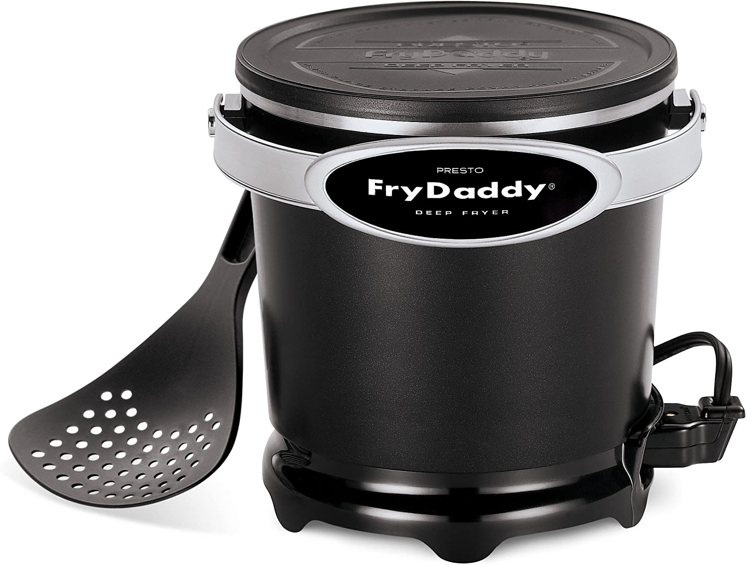 Presto 05420 FryDaddy with cool touch handle, lid and a spoon.