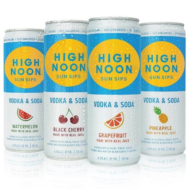 cans of high noon watermelon, black cherry, grapefruit and pineapple vodka and soda