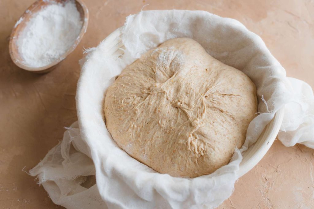risen bread dough in a bowl covered in cloth 